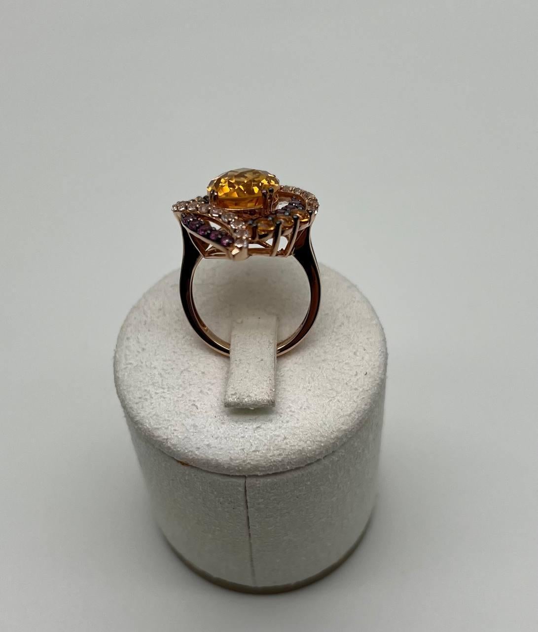 Large Oval Orange Citrine with Amethysts, Citrines, Diamonds 14K Rose Gold Ring For Sale 10