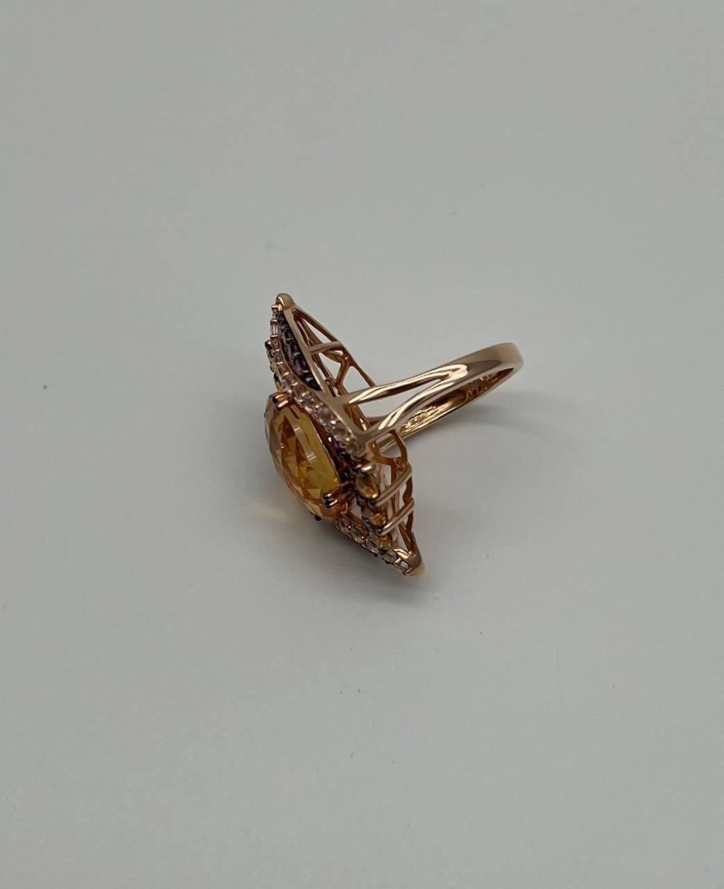 Large Oval Orange Citrine with Amethysts, Citrines, Diamonds 14K Rose Gold Ring For Sale 11