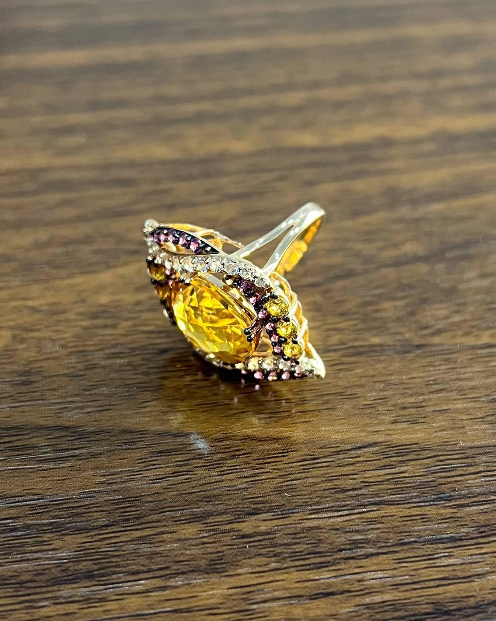 Large Oval Orange Citrine with Amethysts, Citrines, Diamonds 14K Rose Gold Ring For Sale 12