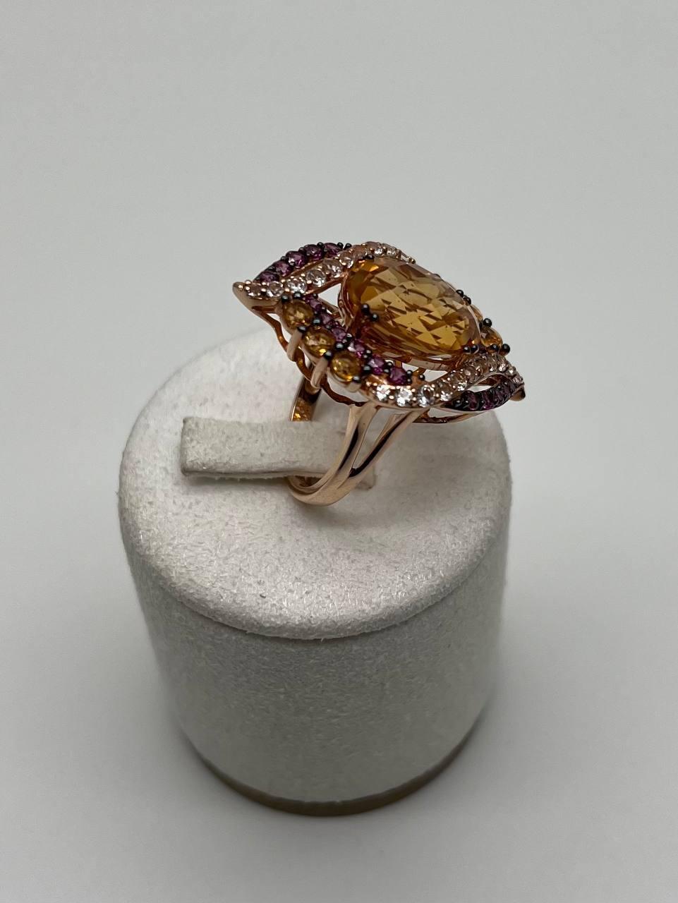 Large Oval Orange Citrine with Amethysts, Citrines, Diamonds 14K Rose Gold Ring For Sale 13