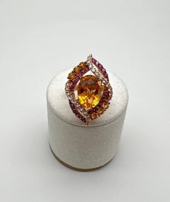 Large Oval Orange Citrine with Amethysts, Citrines, Diamonds 14K Rose Gold Ring