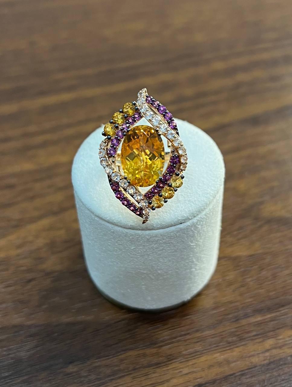 Oval Cut Large Oval Orange Citrine with Amethysts, Citrines, Diamonds 14K Rose Gold Ring For Sale