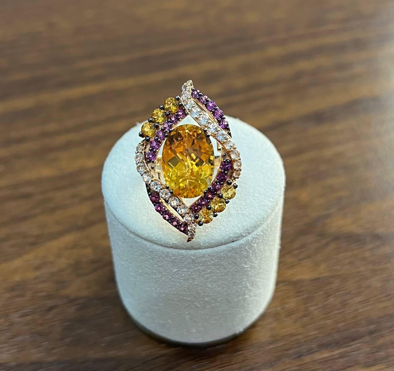 Large Oval Orange Citrine with Amethysts, Citrines, Diamonds 14K Rose Gold Ring In New Condition For Sale In Oakton, VA