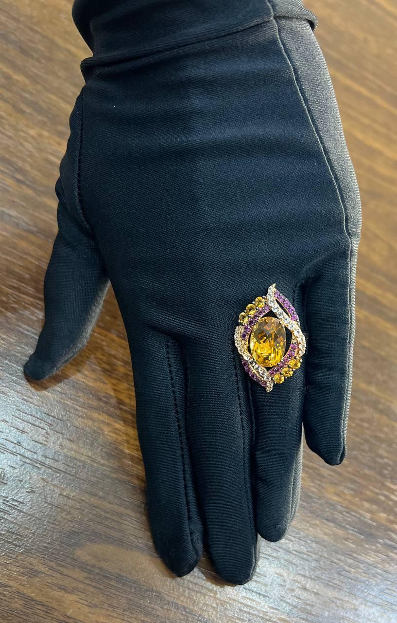 Women's Large Oval Orange Citrine with Amethysts, Citrines, Diamonds 14K Rose Gold Ring For Sale