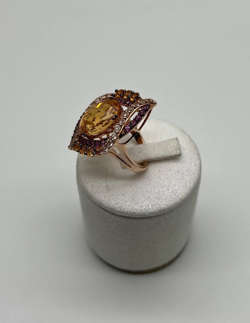 Large Oval Orange Citrine with Amethysts, Citrines, Diamonds 14K Rose Gold Ring For Sale 1
