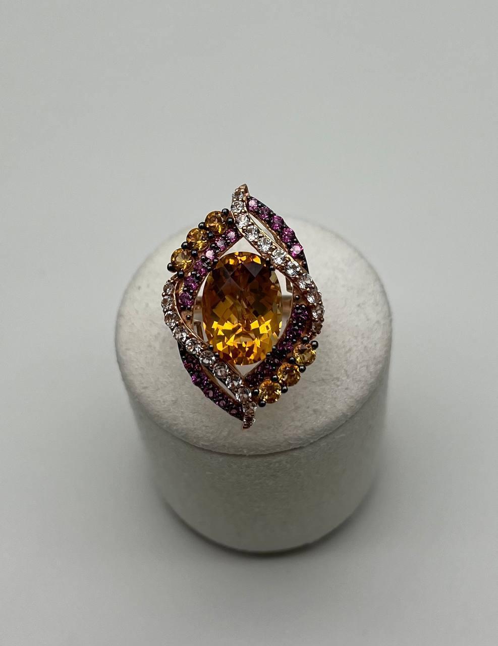 Large Oval Orange Citrine with Amethysts, Citrines, Diamonds 14K Rose Gold Ring For Sale 2