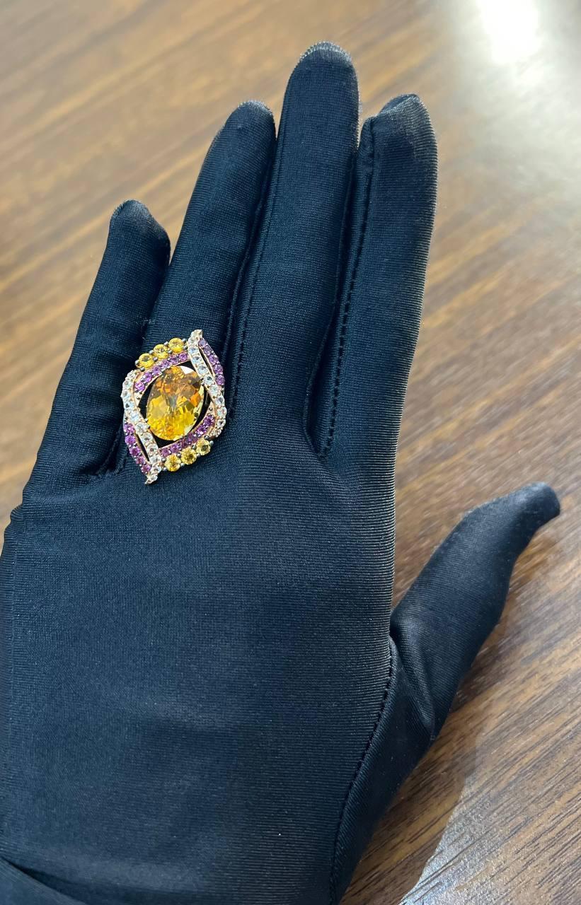 Large Oval Orange Citrine with Amethysts, Citrines, Diamonds 14K Rose Gold Ring For Sale 4