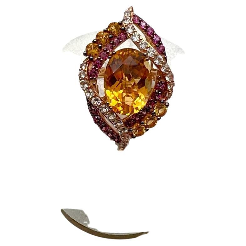 Large Oval Orange Citrine with Amethysts, Citrines, Diamonds 14K Rose Gold Ring