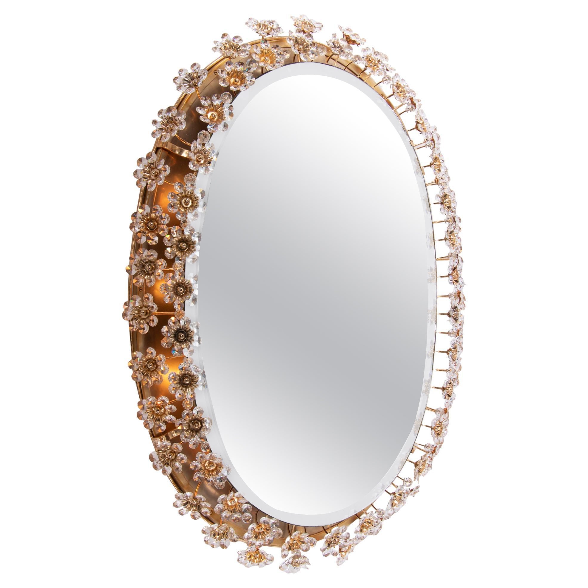 Large Oval Palwa Backlit Mirror Crystal & Brass by Christoph Palme Germany 1960s