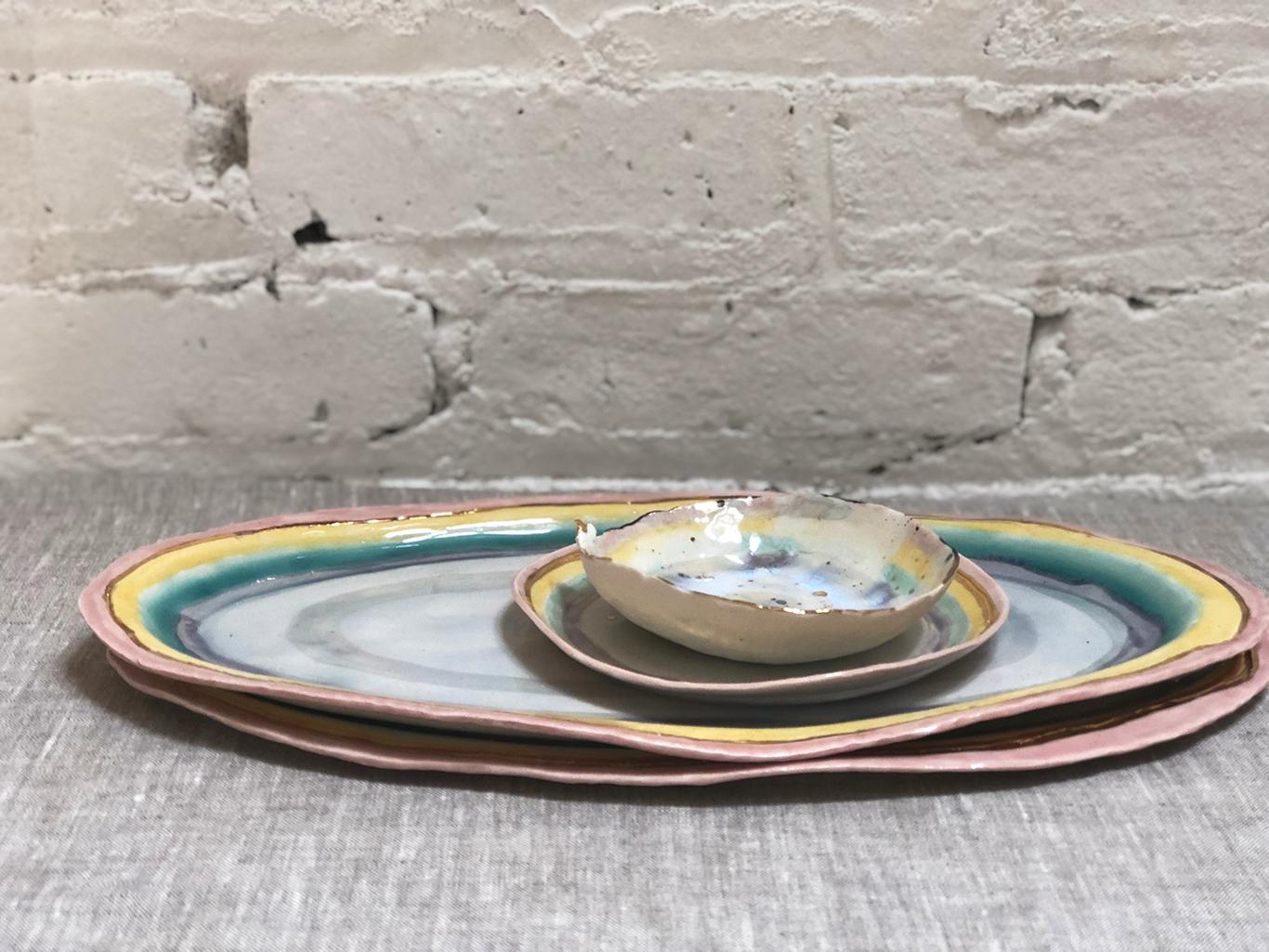 Modern Large Oval Prism Platter with Mother of Pearl and 22k Gold Luster by Minh Singer