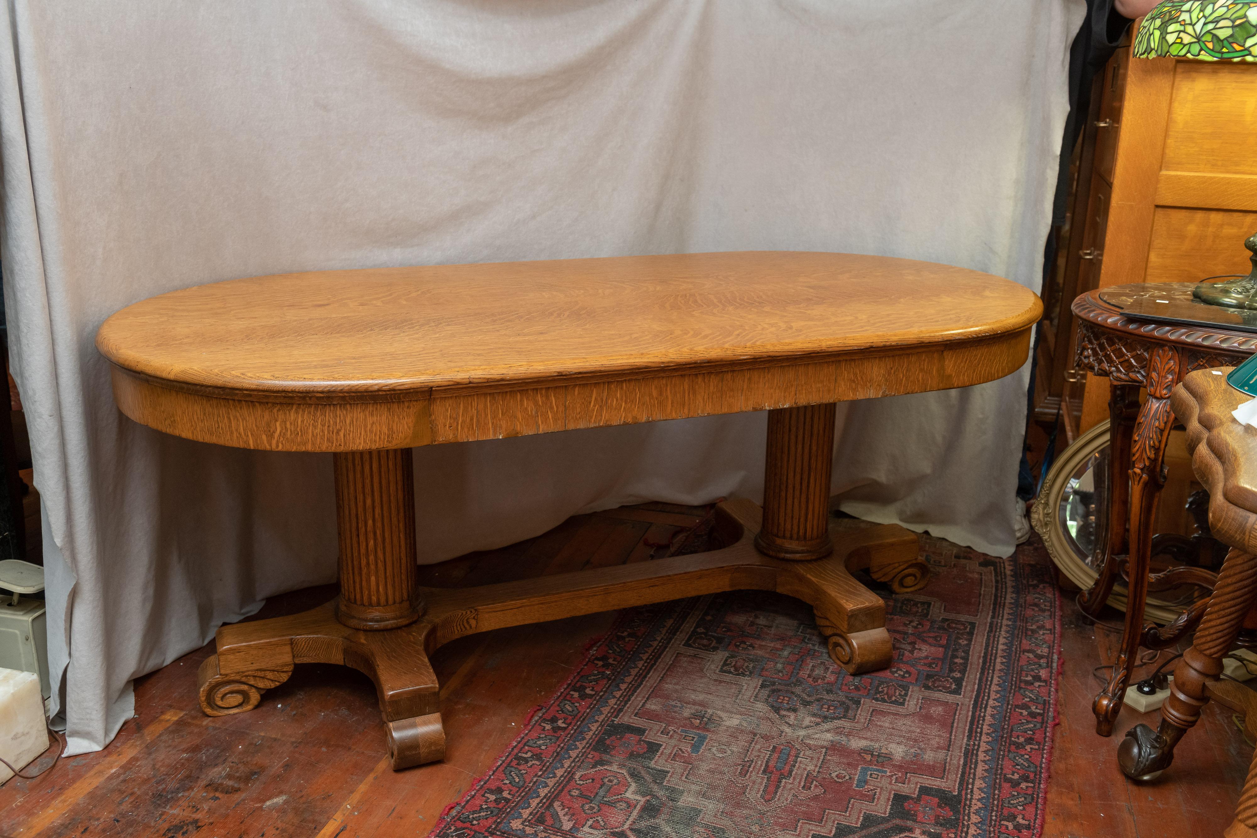 This very unusual oak table can be used as a wonderful conference table, or if you wish a dining room table. You can even used it as a desk. We have never seen anything like it in oak and from the period that oak buyer like. It is in really Fine