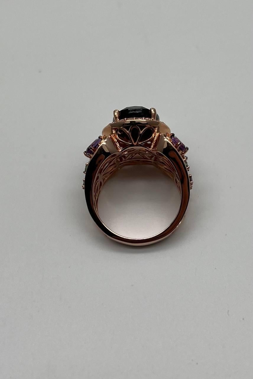 Large Oval Red Garnet Purple Amethyst Green Tsavorite Diamond 14K Rose Gold Ring For Sale 5