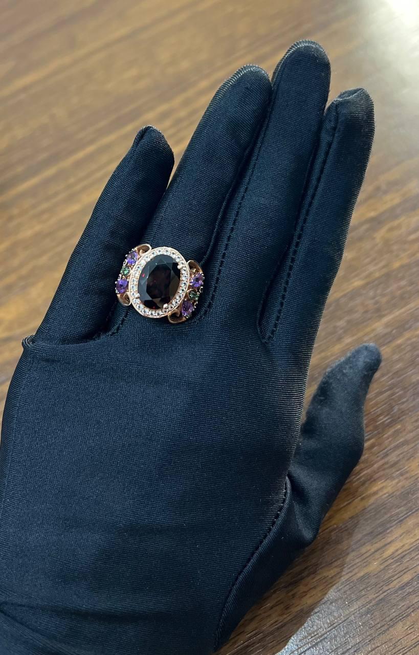 Large Oval Red Garnet Purple Amethyst Green Tsavorite Diamond 14K Rose Gold Ring For Sale 7