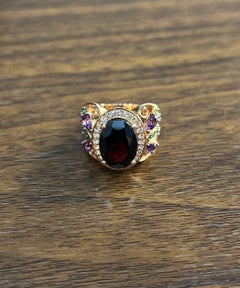 Large Oval Red Garnet Purple Amethyst Green Tsavorite Diamond 14K Rose Gold Ring