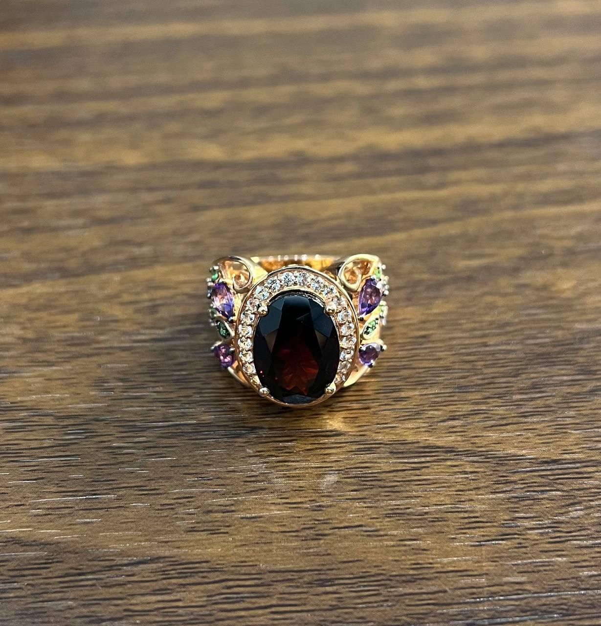 Oval Cut Large Oval Red Garnet Purple Amethyst Green Tsavorite Diamond 14K Rose Gold Ring For Sale