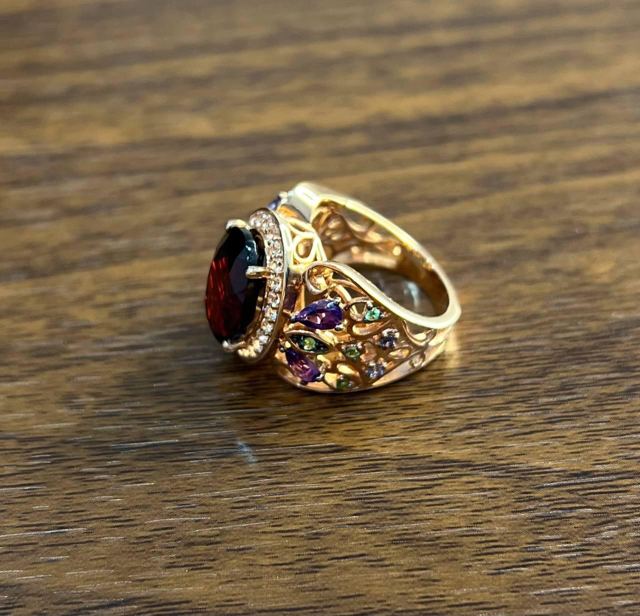 Large Oval Red Garnet Purple Amethyst Green Tsavorite Diamond 14K Rose Gold Ring In New Condition For Sale In Oakton, VA