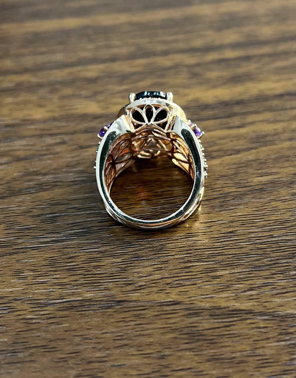 Large Oval Red Garnet Purple Amethyst Green Tsavorite Diamond 14K Rose Gold Ring For Sale 1