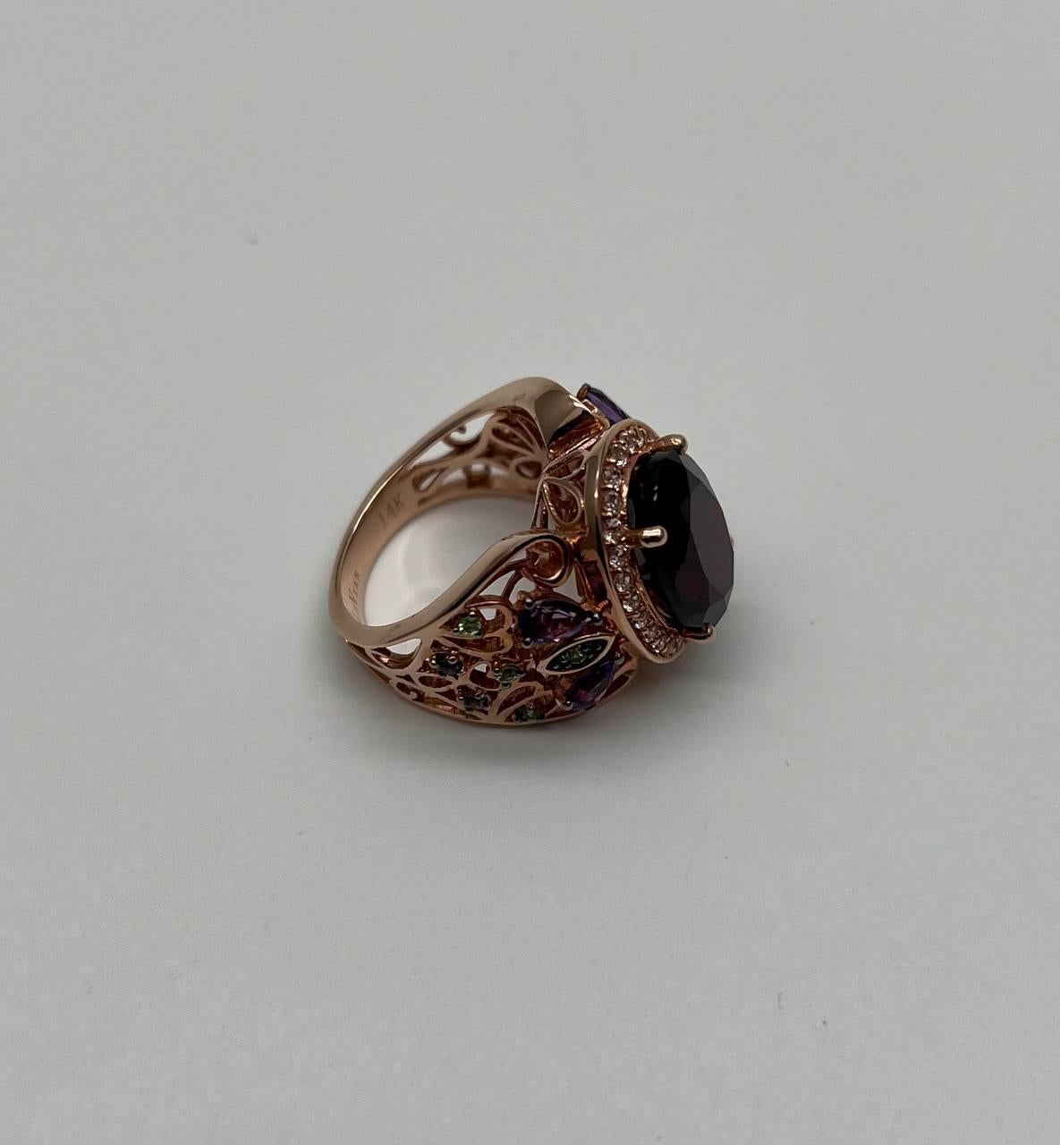 Large Oval Red Garnet Purple Amethyst Green Tsavorite Diamond 14K Rose Gold Ring For Sale 3