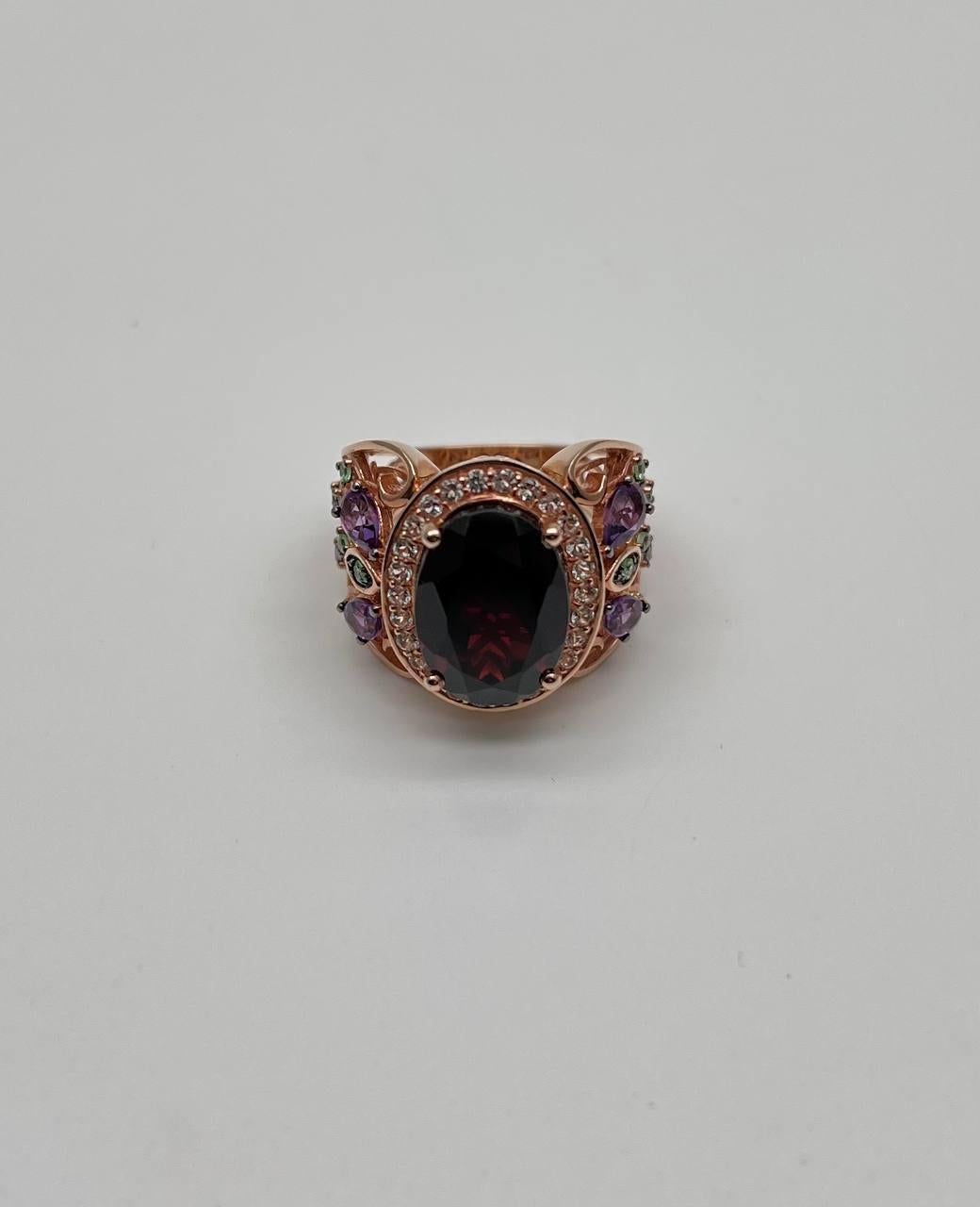 Large Oval Red Garnet Purple Amethyst Green Tsavorite Diamond 14K Rose Gold Ring For Sale 4