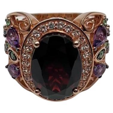 Large Oval Red Garnet Purple Amethyst Green Tsavorite Diamond 14K Rose Gold Ring
