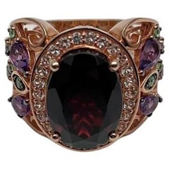 Large Oval Red Garnet Purple Amethyst Green Tsavorite Diamond 14K Rose Gold Ring