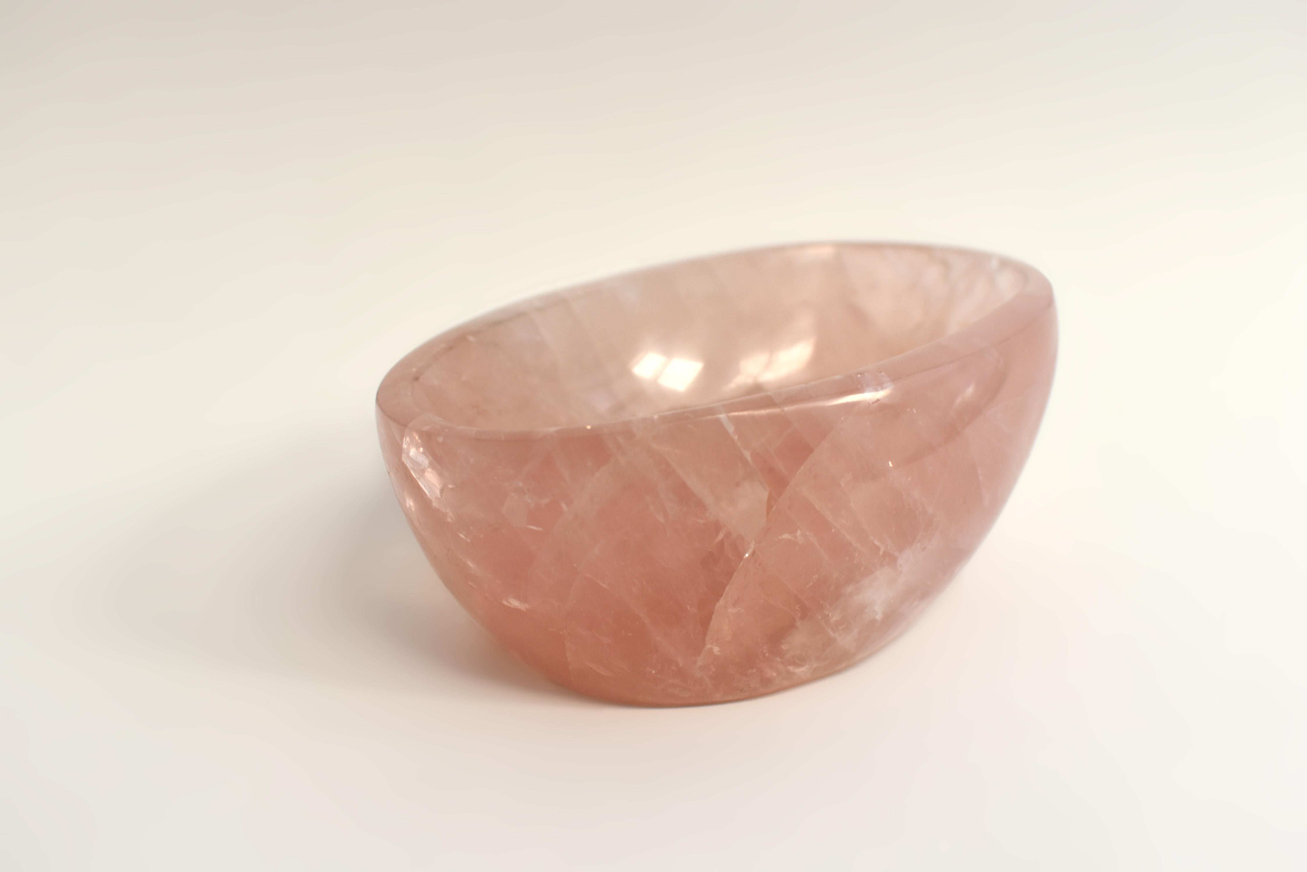 Hand-Carved Large Oval Rose Quartz Bowl 7