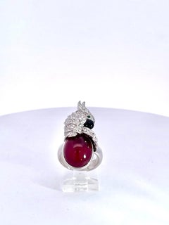 Large Oval Ruby Cabochon and Diamond Parrot Ring