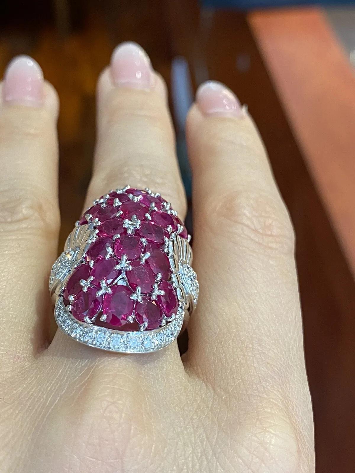 Oval Cut Large Oval Ruby Pavé Dome Ring with Diamonds in Platinum For Sale