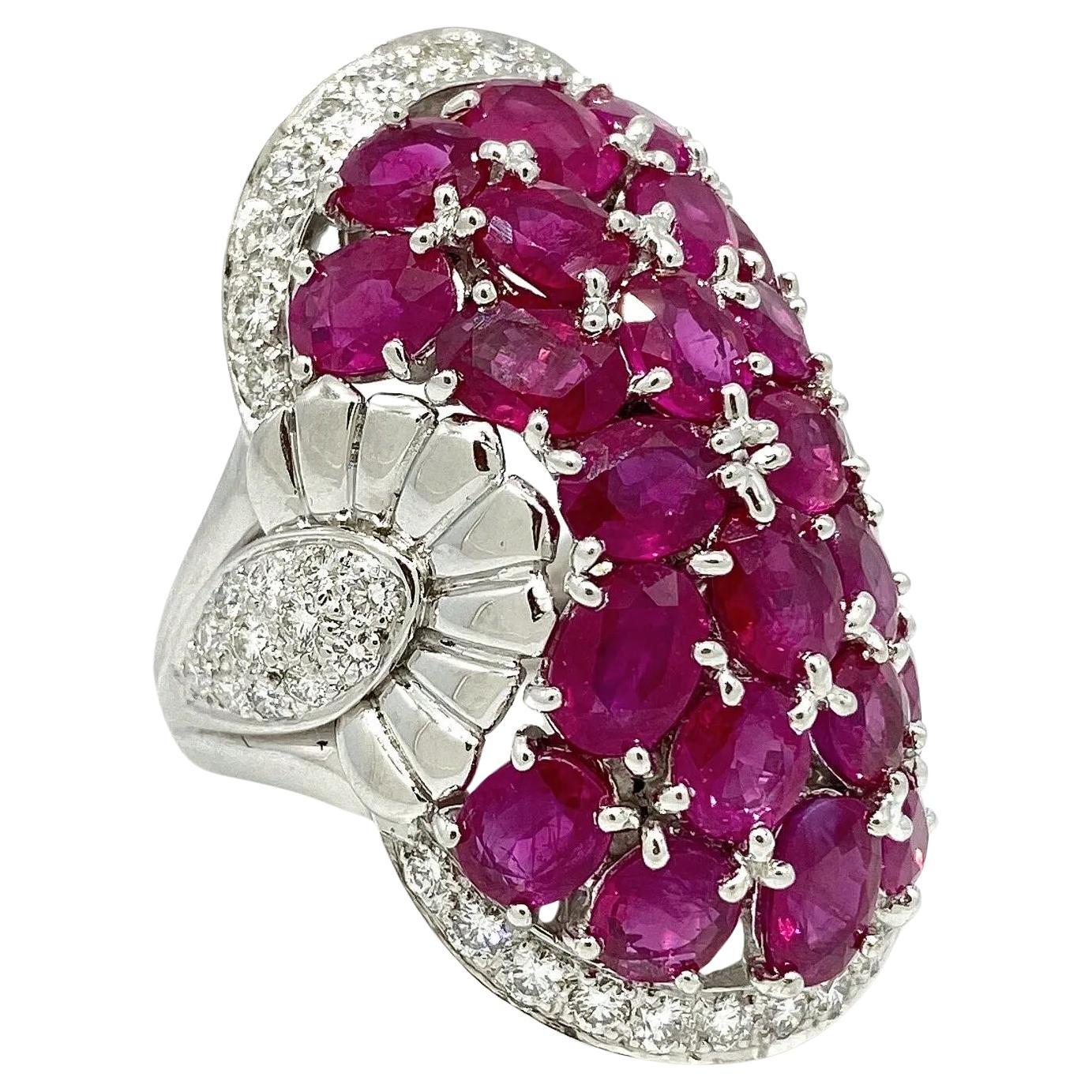 Bague dôme en platine avec pavé de rubis ovale et diamants