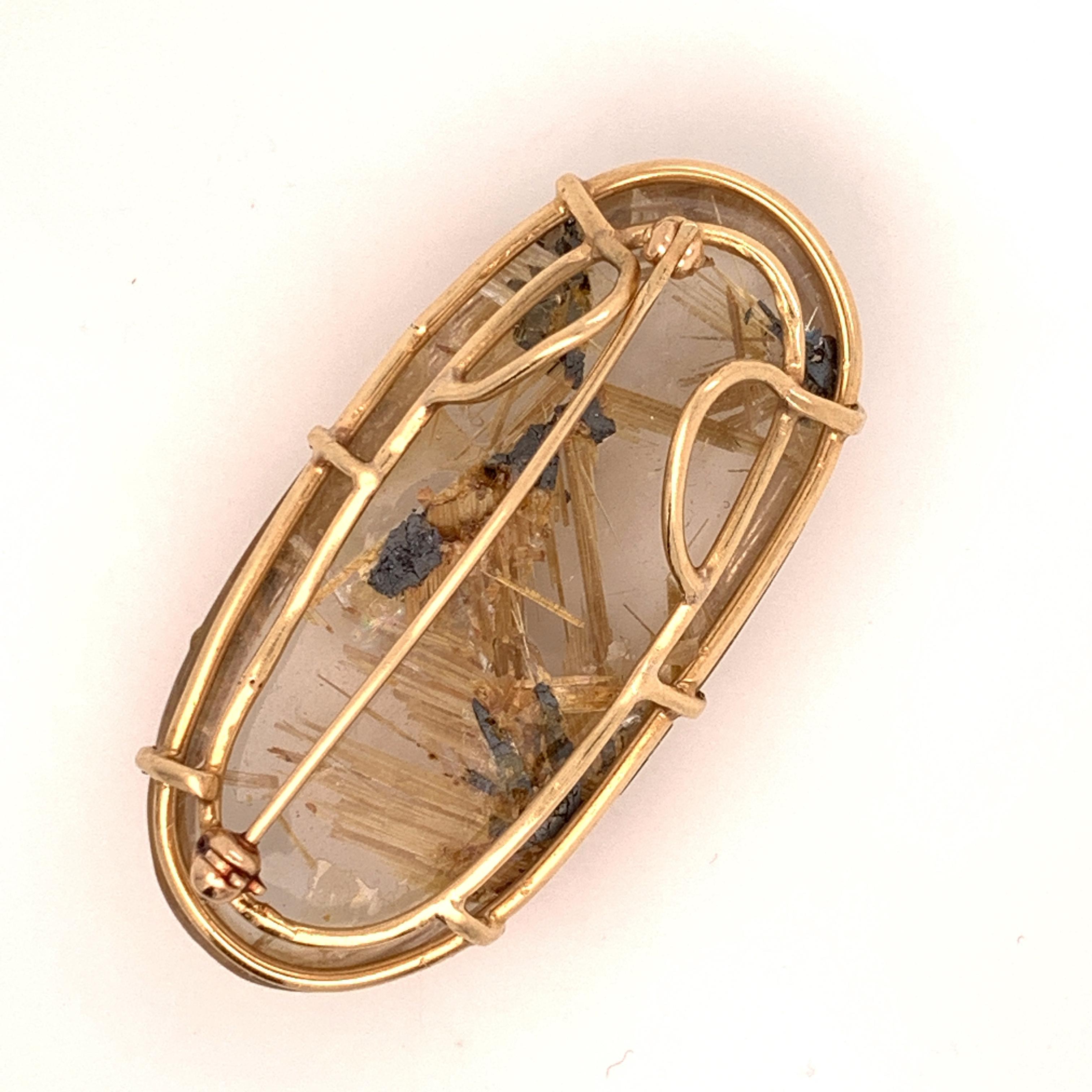 Large Oval Rutilated Quartz Brooch Set in 10 Karat Yellow Gold In Good Condition In Addison, TX