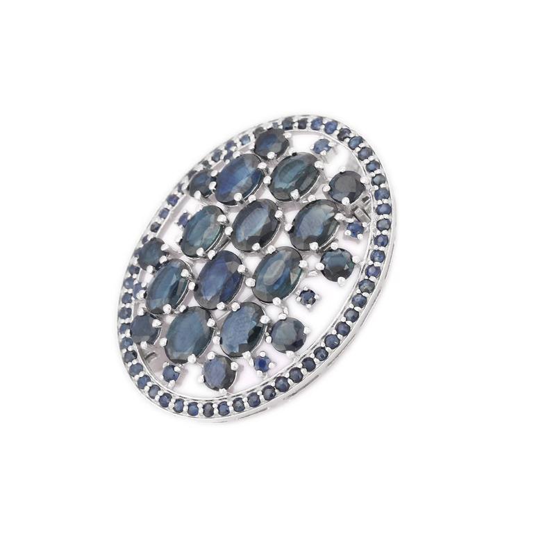 Art Deco 13.25 Carat Blue Sapphire Studded Large Oval Shape Brooch in Sterling Silver For Sale