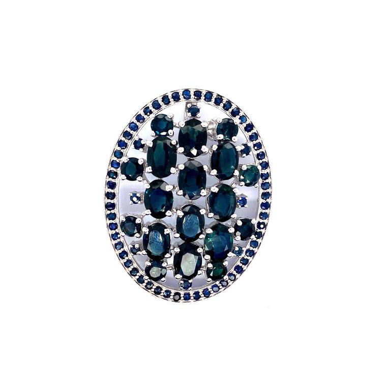 13.25 Carat Blue Sapphire Studded Large Oval Shape Brooch in Sterling Silver In New Condition For Sale In Houston, TX