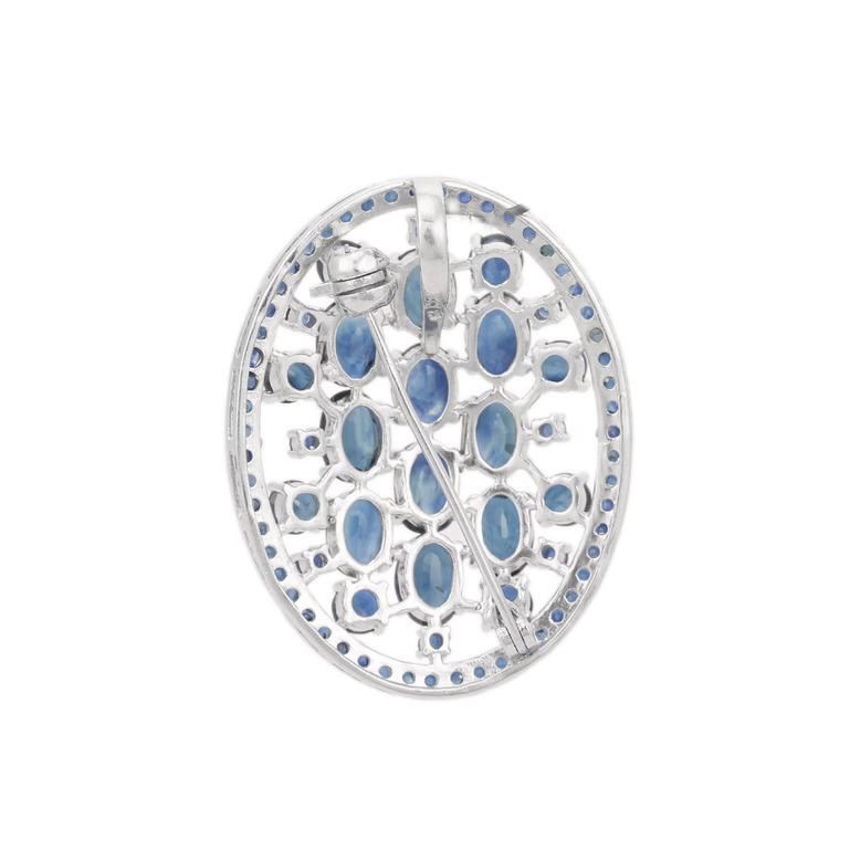 13.25 Carat Blue Sapphire Studded Large Oval Shape Brooch in Sterling Silver For Sale 1
