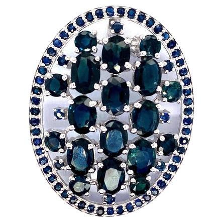 13.25 Carat Blue Sapphire Studded Large Oval Shape Brooch in Sterling Silver For Sale