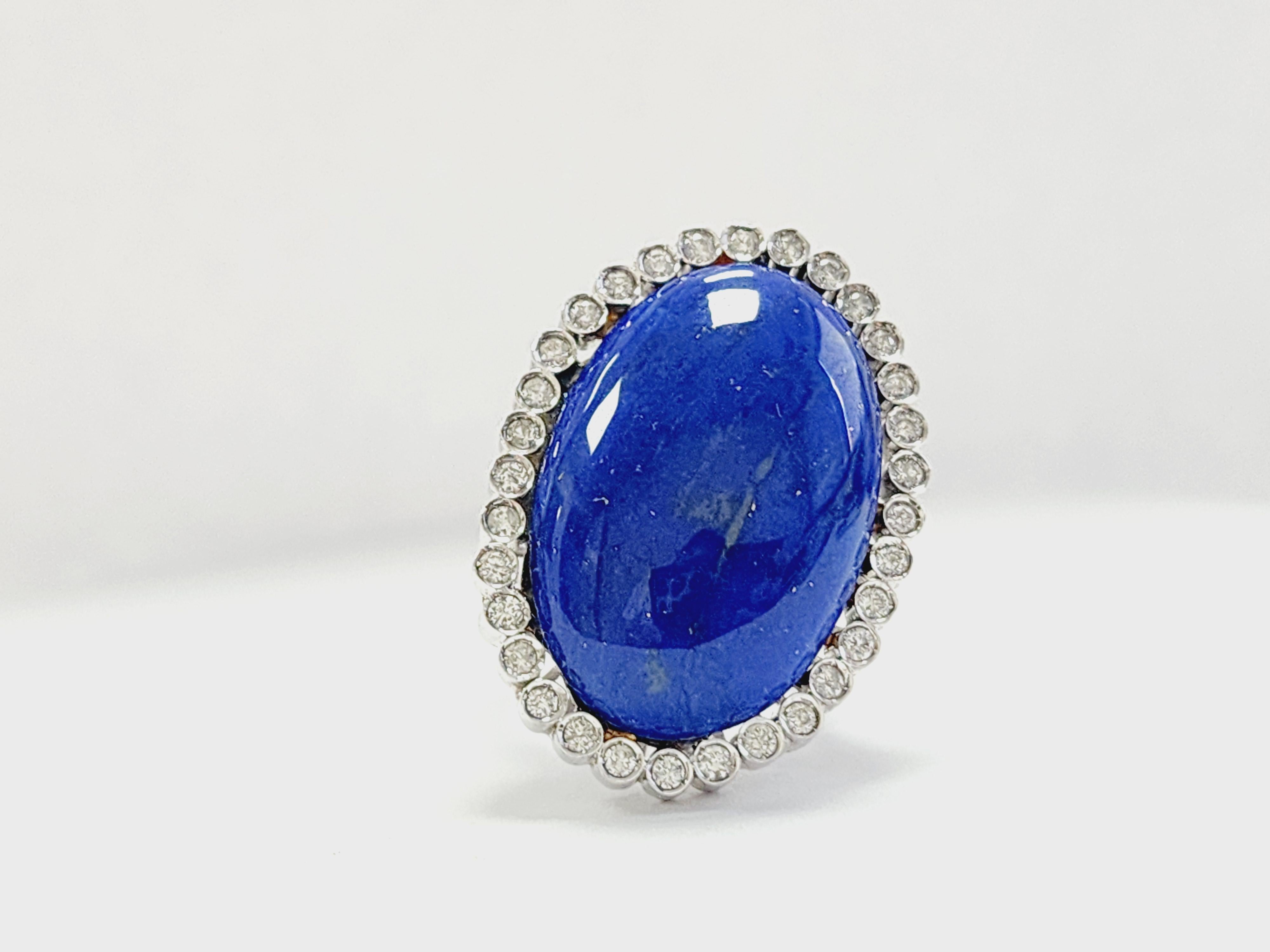 Modern Large Oval Shape Lapid & Diamond Ring 18 Karat White Gold