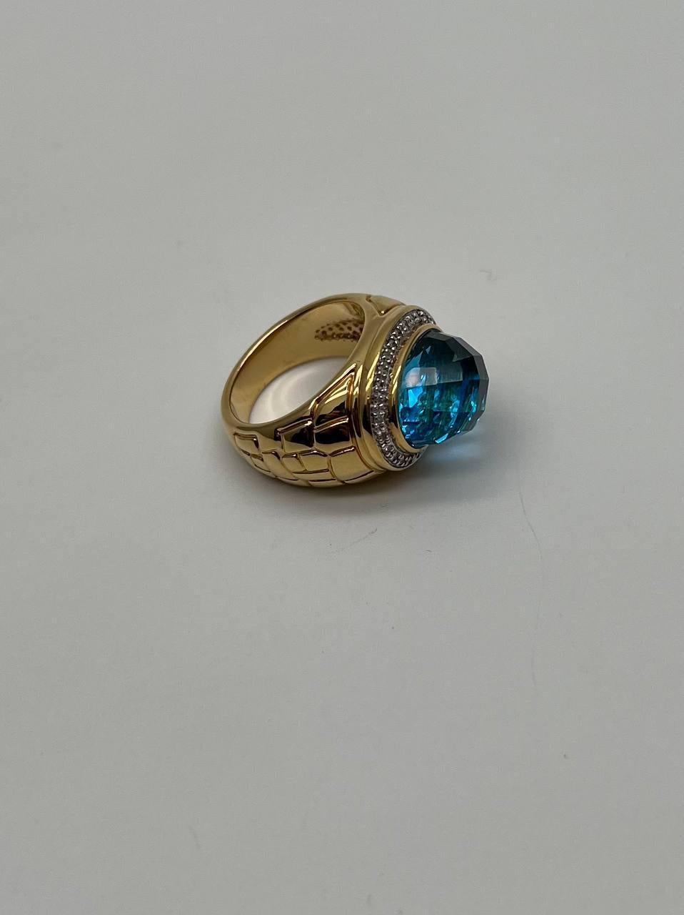 Oval Cut Large Oval Shape Swiss Blue Topaz 14K Horizontal Yellow Gold Dome Cocktail Ring For Sale