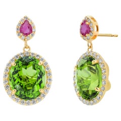 Large Oval Shaped Peridots Diamonds and Rubies Halo Style Drop Earrings