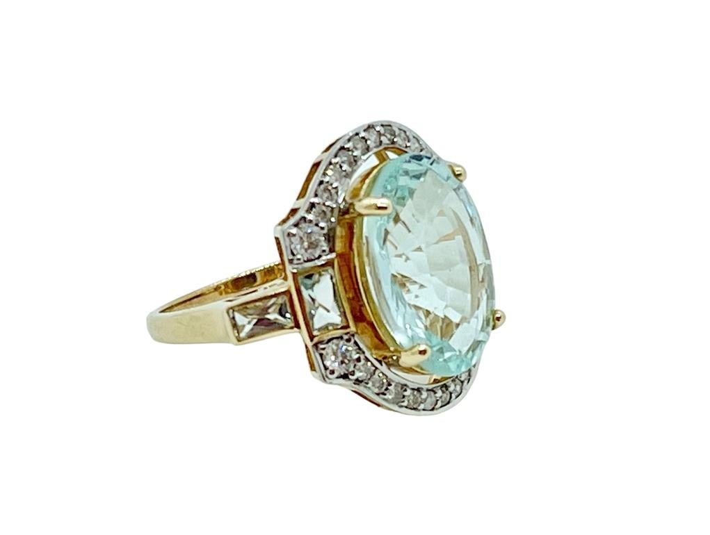 Sky Blue Aquamarine Ring with Art Deco Styling

You will love this very large and unique ring. It is set with a large, 4.96ct natural Aquamarine set with Diamonds in 9ct yellow gold. There are 4 more rectangular Aquarmarine set on the sides and