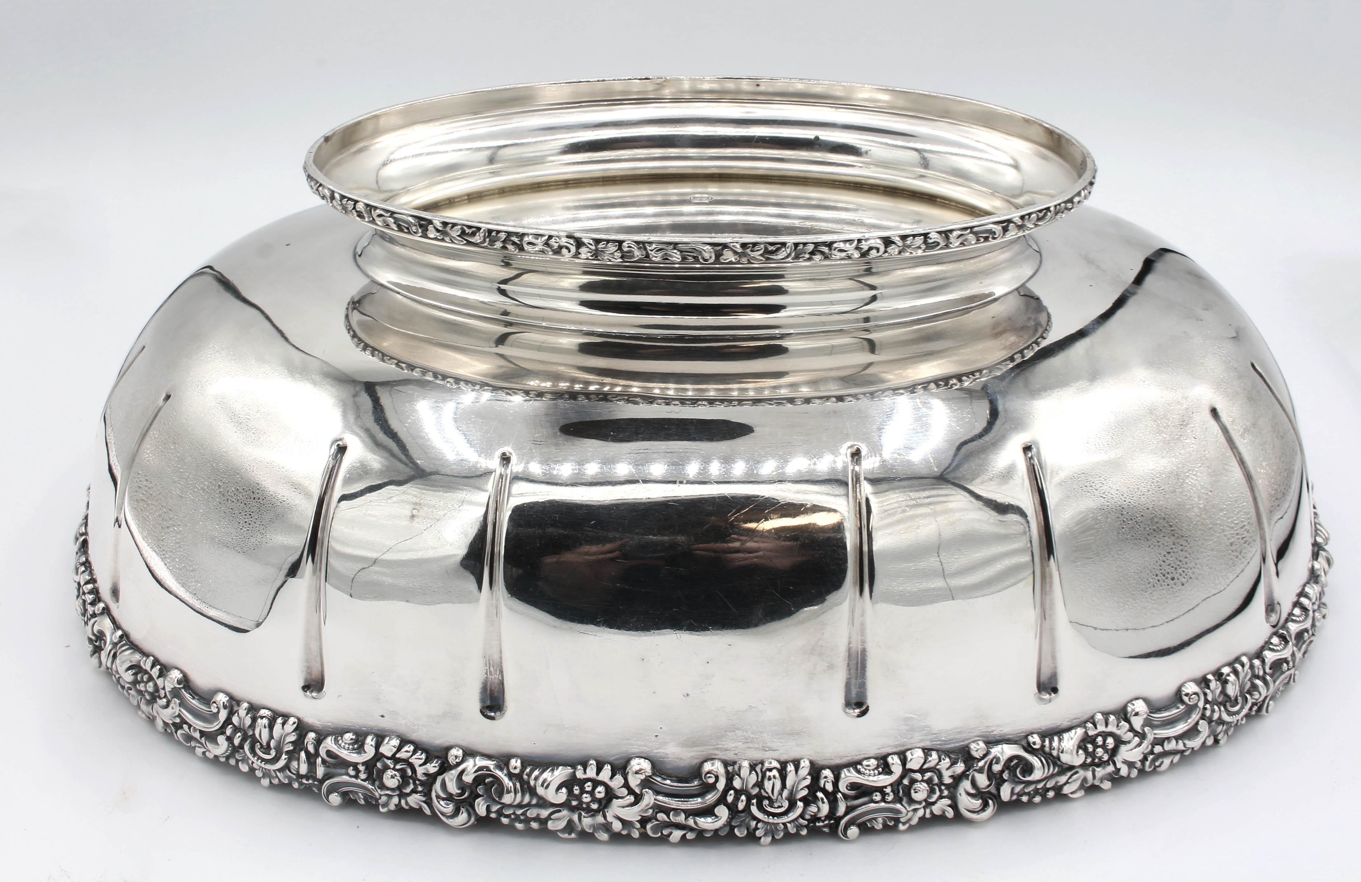 Large oval silver plate fruit bowl by Ellis Barker, England, c.1920s. Menorah hallmark. One of their finests designs with their best 