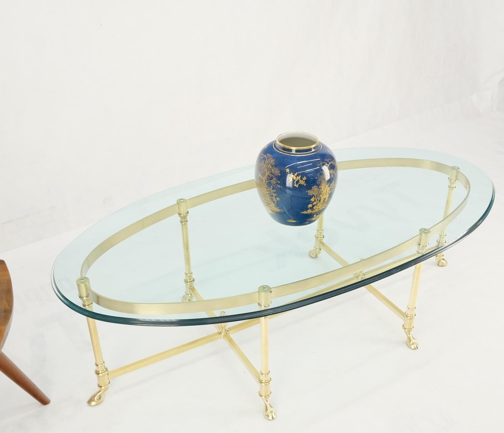 Large Oval Solid Brass Glass Top Hoof Feet Italian Coffee Table For Sale 5