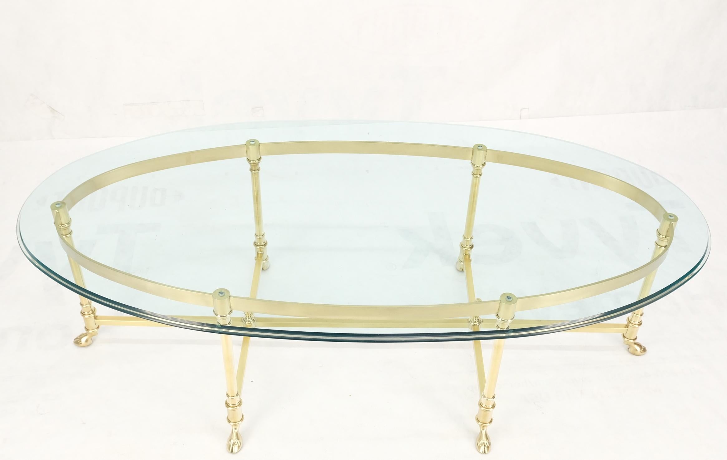 Large Oval Solid Brass Glass Top Hoof Feet Italian Coffee Table For Sale 6