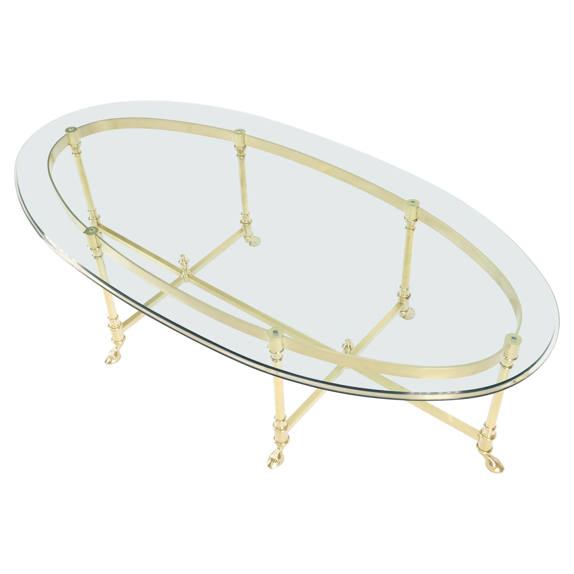 Large Oval Solid Brass Glass Top Hoof Feet Italian Coffee Table