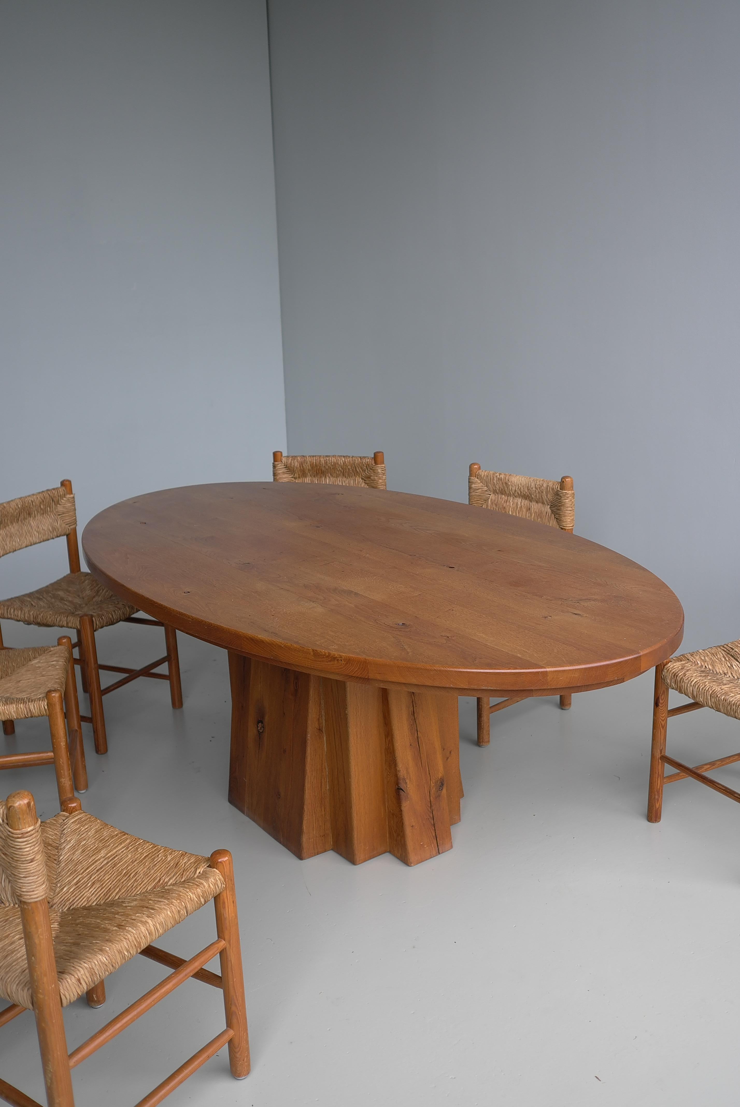 Large Oval Solid Oak Dining Table in style of Pierre Chapo, France circa 1970 For Sale 6