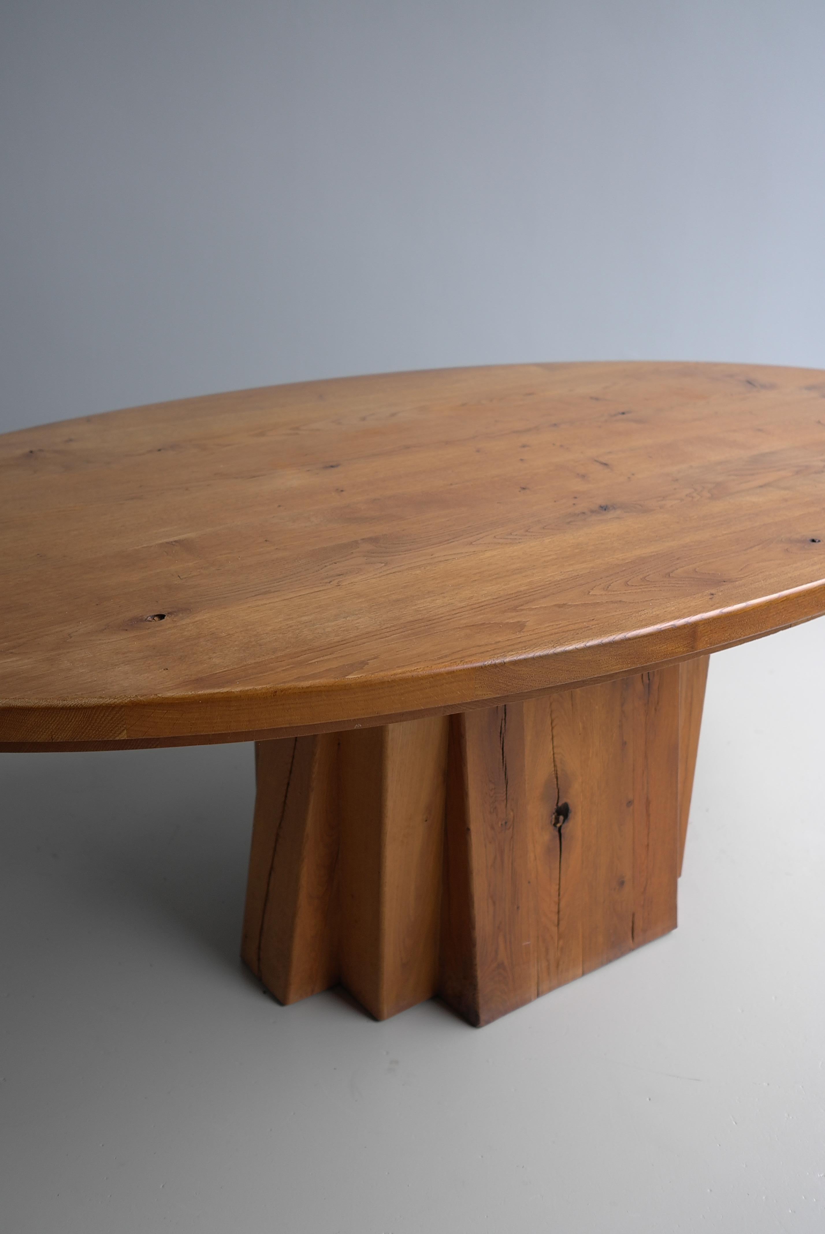 Large Oval Solid Oak Dining Table in style of Pierre Chapo, France circa 1970 For Sale 11