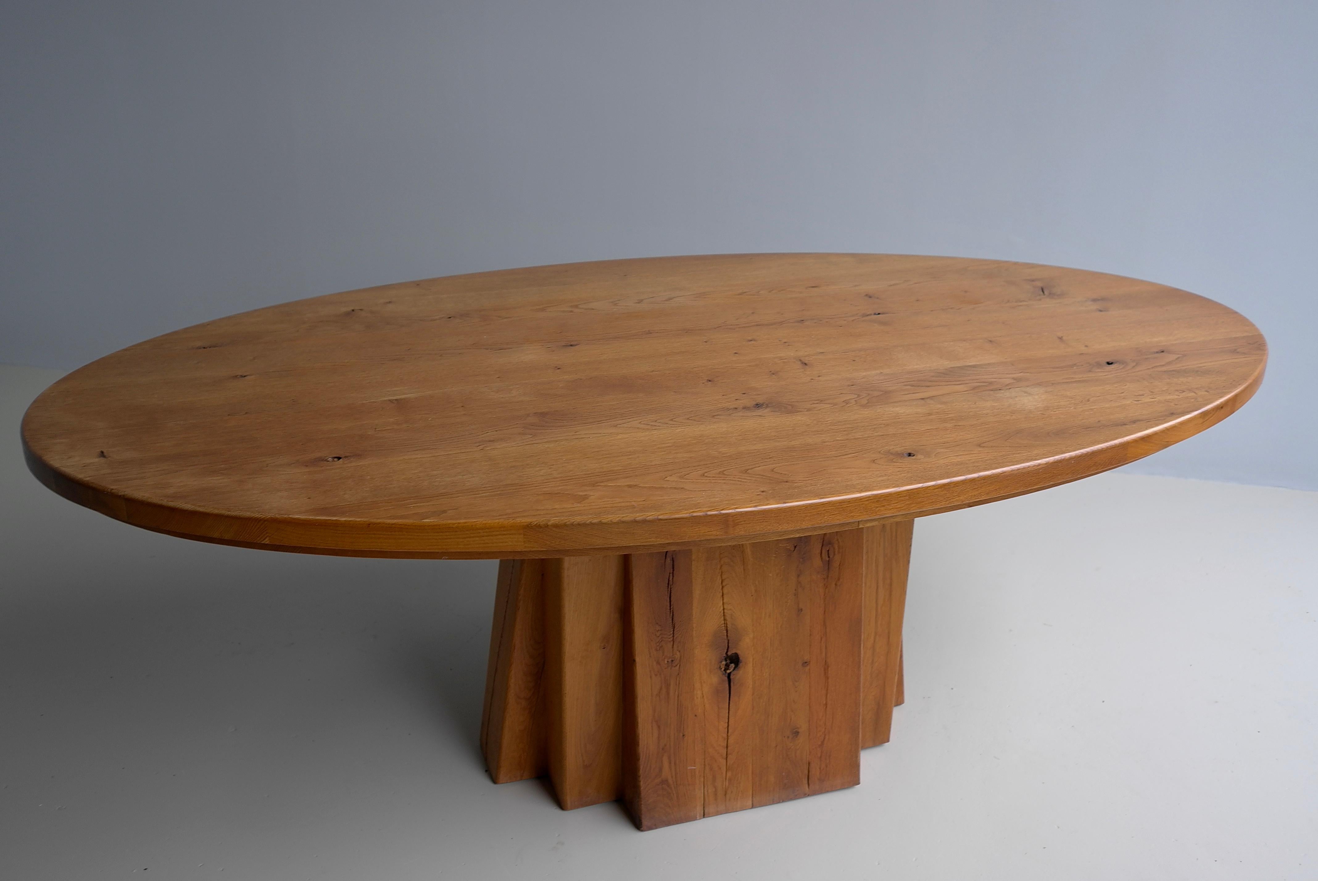 Large Oval Solid Oak Dining Table in style of Pierre Chapo, France circa 1970 For Sale 12