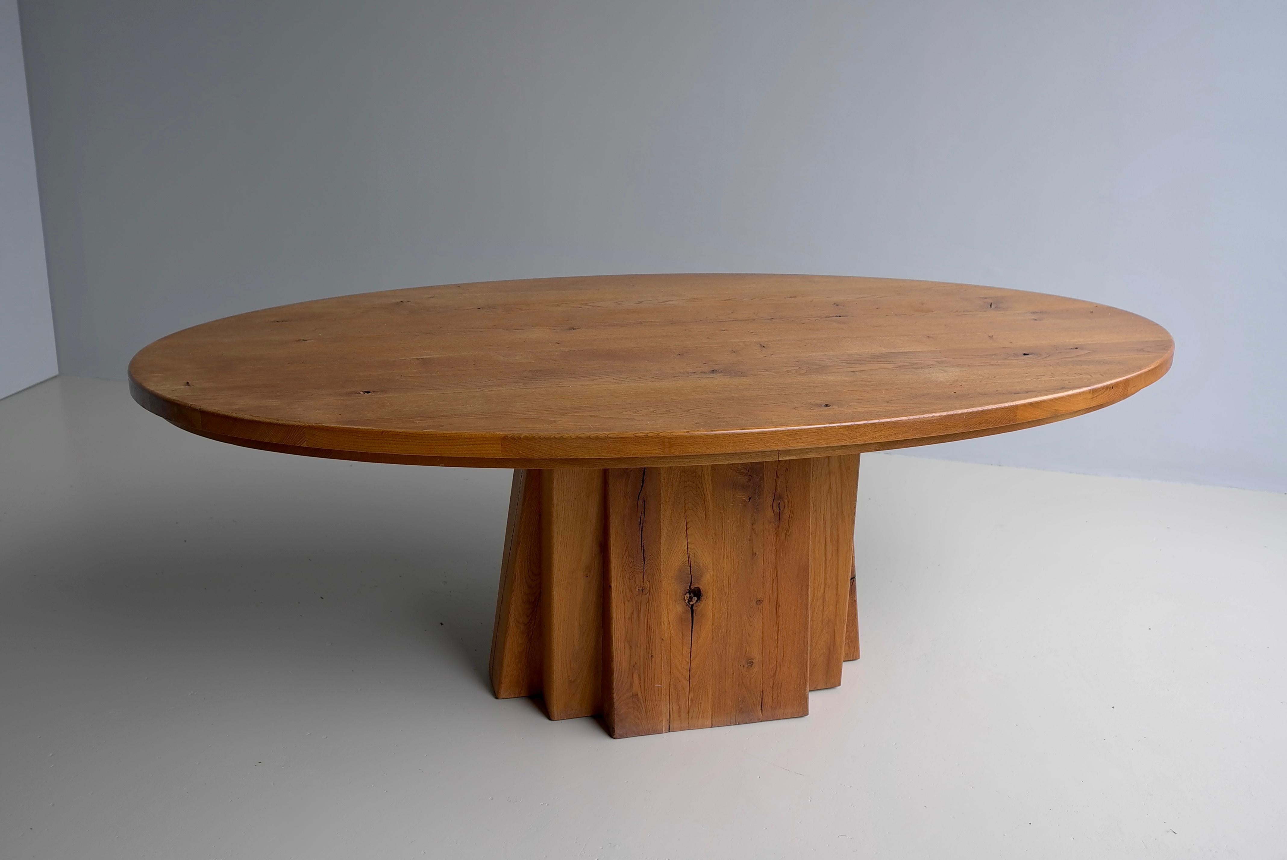 Mid-Century Modern Large Oval Solid Oak Dining Table in style of Pierre Chapo, France circa 1970 For Sale