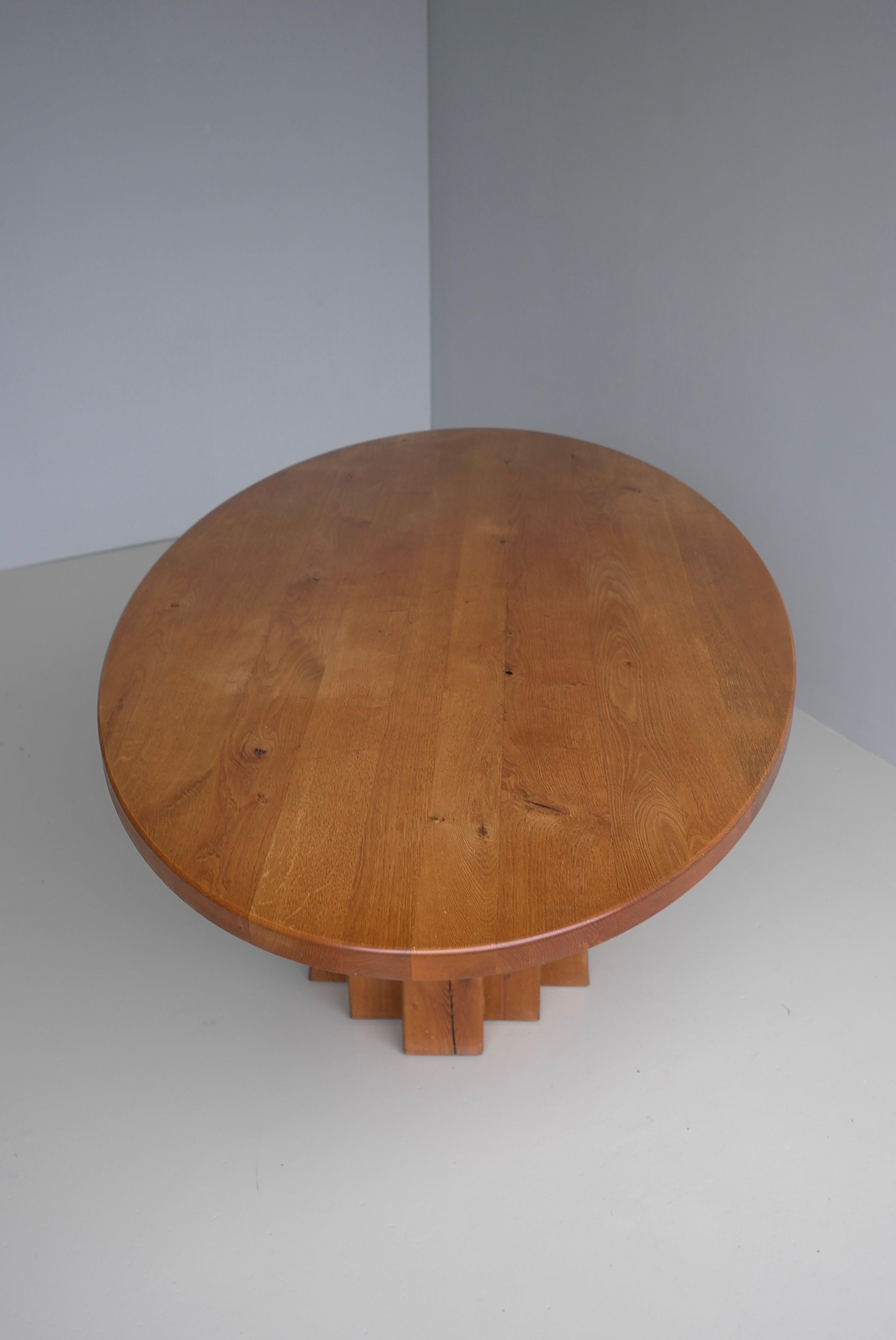 20th Century Large Oval Solid Oak Dining Table in style of Pierre Chapo, France circa 1970 For Sale