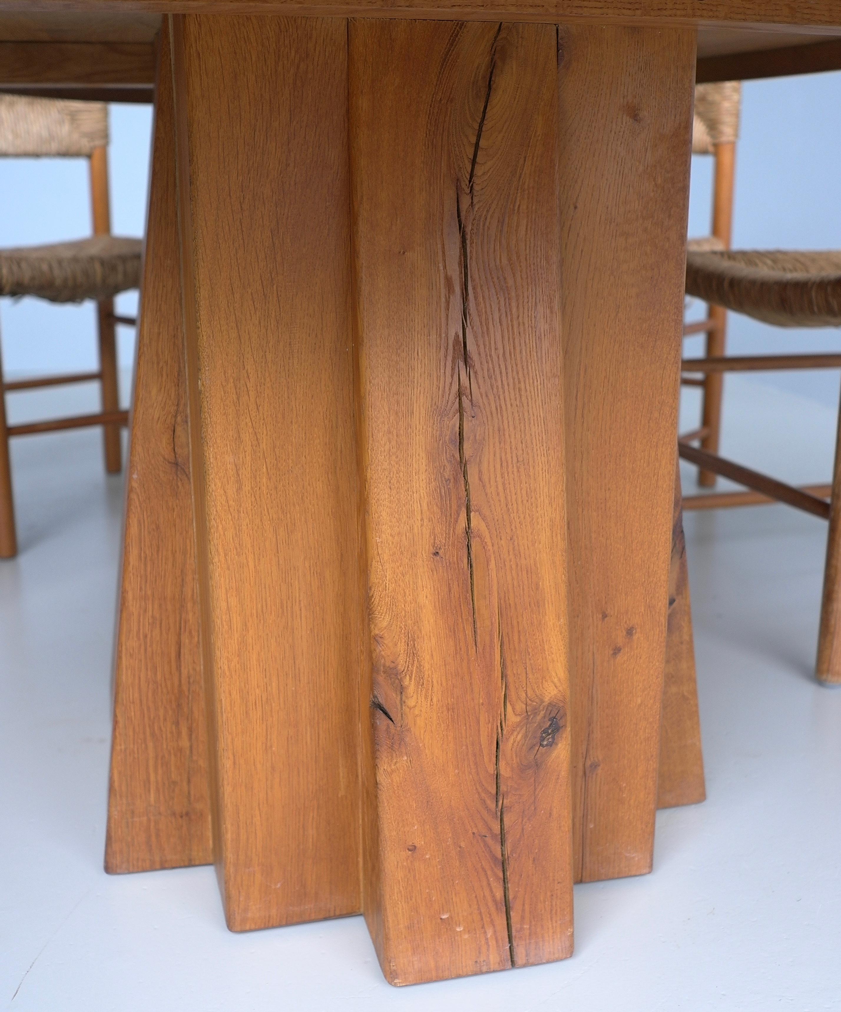 Large Oval Solid Oak Dining Table in style of Pierre Chapo, France circa 1970 For Sale 2