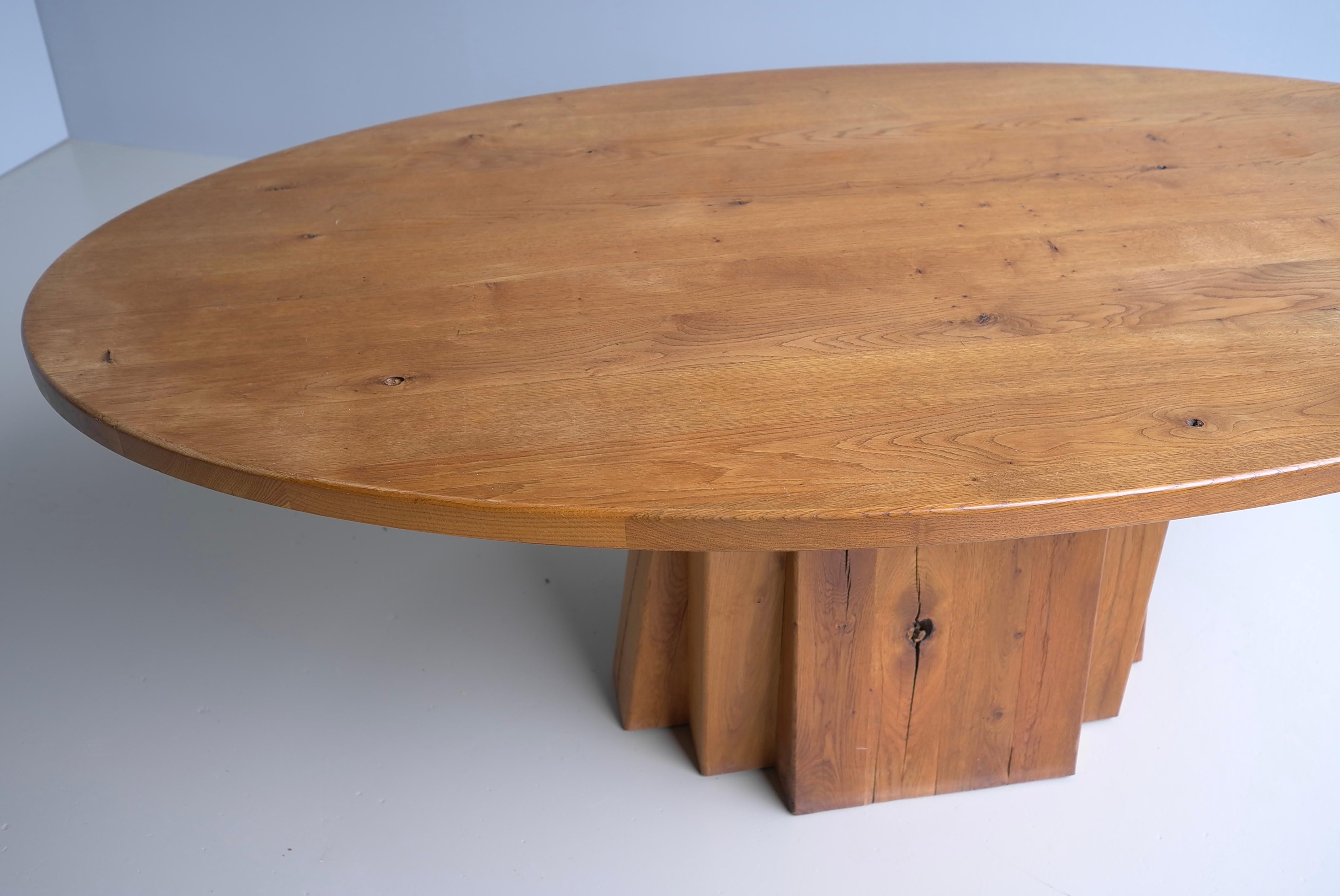 Large Oval Solid Oak Dining Table in style of Pierre Chapo, France circa 1970 For Sale 3
