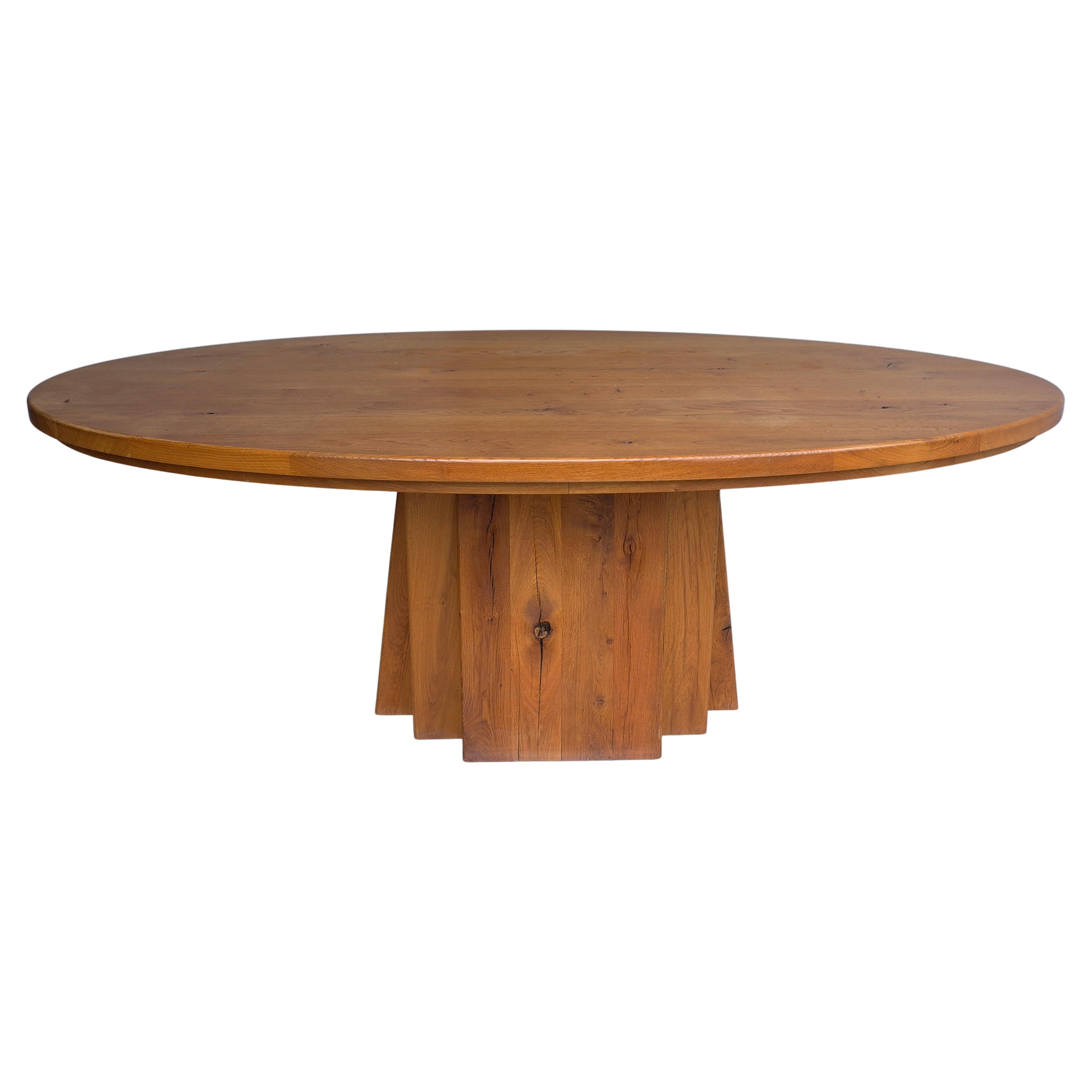 Large Oval Solid Oak Dining Table in style of Pierre Chapo, France circa 1970 For Sale